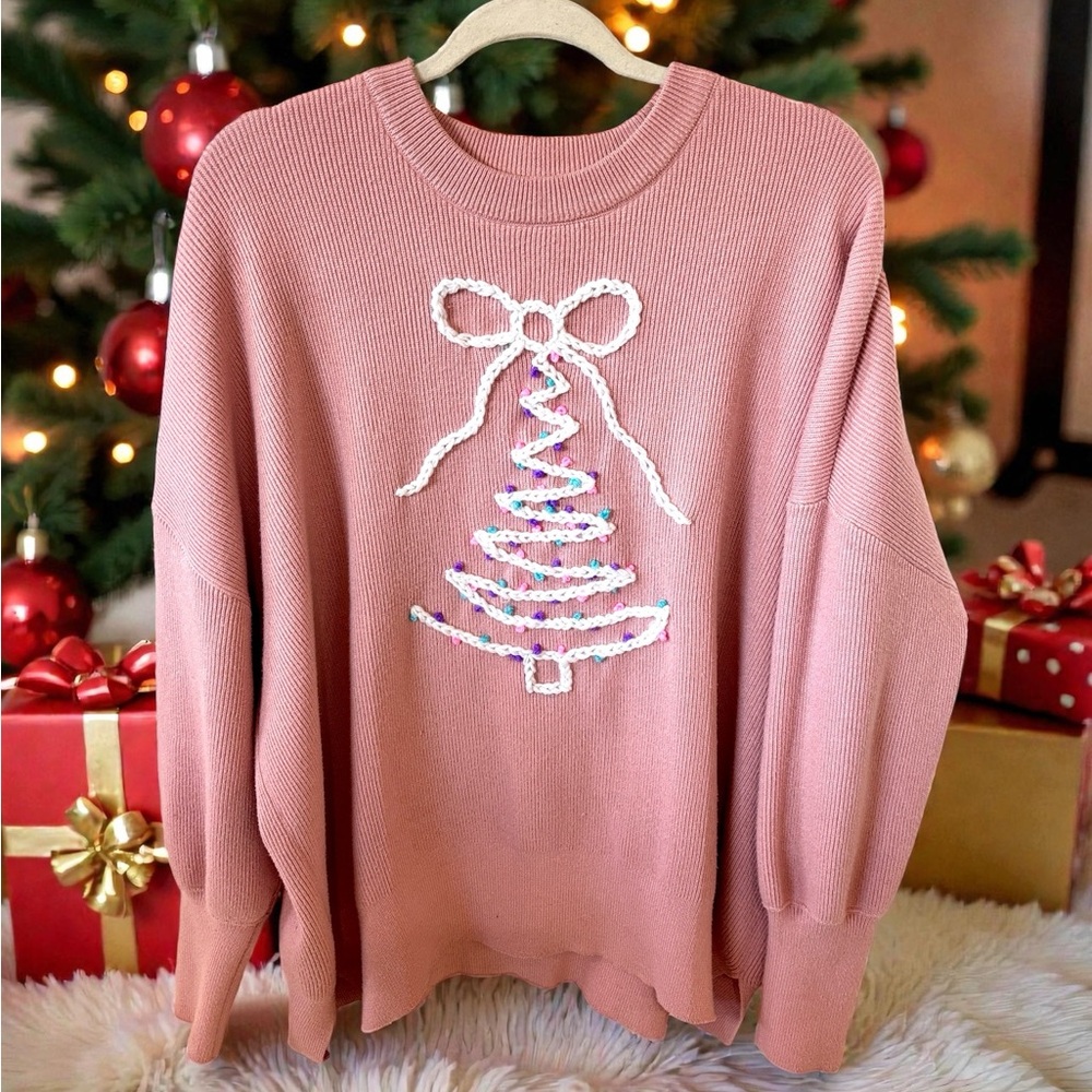 Hand Drawn and Embroidered Pink Holiday Bow Tree Sweater XL - Picture 2 of 10